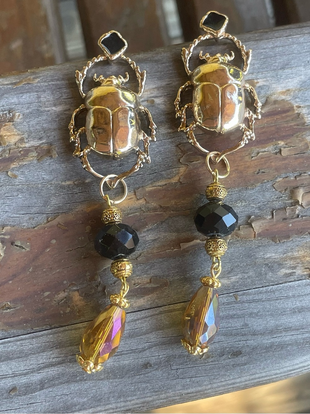 Hand Crafted Gold Scarab Earrings with Black and Amber Drops - Picture 1 of 7